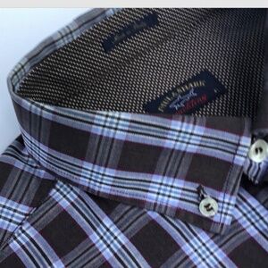 Paul & Shark brown  checkered cotton shirt Sz 16.5 / 43 made in Italy 🇮🇹